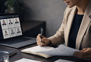 A focused professional reviewing resumes in a calm, organized office setting.