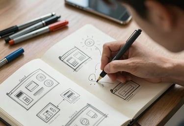 Overhead view of a person sketching interface ideas in a notebook, colored pens and a smartphone nearby, East Asian / Japanese creative process.
