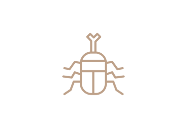 Minimalist tan line art icon of a rhinoceros beetle on a solid black background.