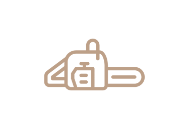 Minimalist tan chainsaw line art icon isolated on a black background for logging or gardening tools.