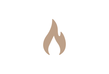 Minimalist tan flame icon centered on a solid black background, representing heat or energy.