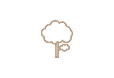 Minimalist tan line art tree icon isolated on a black background.