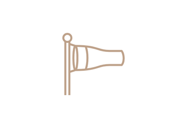 Minimalist tan windsock icon indicating wind direction and speed isolated on a black background.