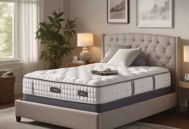 A cozy bedroom featuring a luxurious Simmons mattress with soft natural lighting.