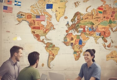 Two siblings smiling warmly in a cozy home office filled with books and cultural decorations from Spain and Latin America.