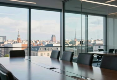 A sophisticated glass-walled conference room with a view of a European cityscape, reflecting professionalism.
