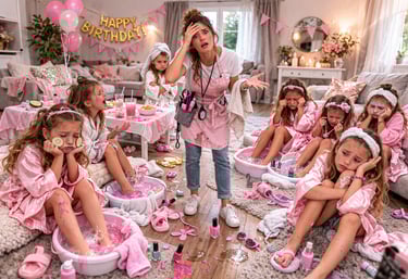 מפעילה מוצפת עומדת באמצע מסיבת יום הולדת ספא מבולגנת בבית, עם ילדות מאוכזבות בחלוקי סאטן ורודים שיוש