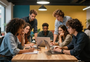 A group of focused professionals collaborating around a desk in a colorful, modern coworking space in Brazil, atmosphere of innovation.