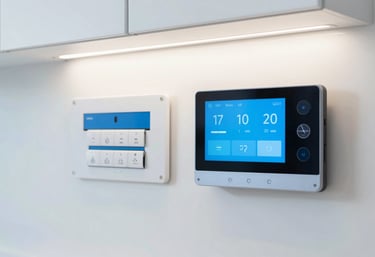 A high-end North American / US kitchen featuring smart home electrical panels and recessed LED lighting, modern and sleek, bright atmosphere, incorporating pale mist white and sky blue tones.