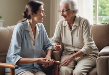 A group of elderly caregivers warmly interacting with senior citizens in a bright, modern home setting.