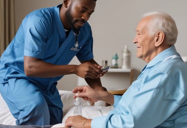 A smiling caregiver gently assisting an elderly woman in a sunlit living room.