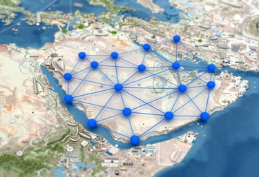 A professional digital map of Saudi Arabia highlighted with connecting nodes, representing a business network, modern tech style using #A1B2BC.