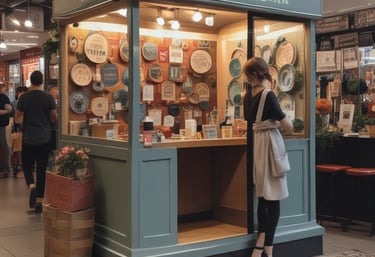 A professional cleaner tidying a vibrant mall vendor booth with cleaning supplies.
