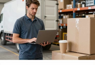 A professional team reviewing logistics plans in a sleek office setting.