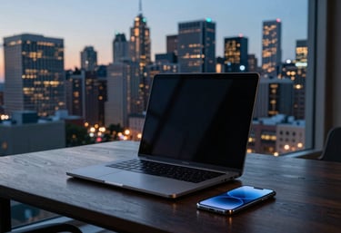 A professional laptop and smartphone sitting on a dark wood desk overlooking a sprawling North American city skyline at dusk with cool slate and teal city lights.