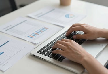 A close-up of a person typing on a laptop keyboard surrounded by financial audit reports in a Global / Corporate office setting. Well-lit, off-white desk.
