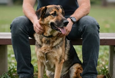 A photography shot of a handler and their service dog sitting together in a North American park, the dog's head resting on the person's lap in a moment of trust.