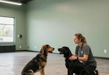 A professional wide-angle shot of a clean, modern service dog training facility in Indiana, with soft sage green walls, a trainer working on 'stay' commands with a young lab, North American architectural style.
