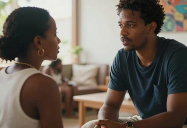 A warm, natural light photograph in the Caribbean / Anglophone Caribbean of two people engaged in deep, empathetic conversation in a bright, modern indoor space with hints of local art.