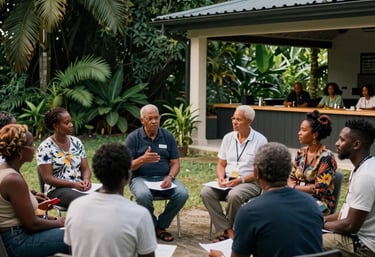 A community wellness workshop taking place in a lush, open-air pavilion in the Caribbean / Anglophone Caribbean. People are engaged in conversation, surrounded by dark green foliage and a modern, professional atmosphere.