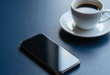 A minimalist workplace setup with a smartphone and a coffee cup, clean professional atmosphere, Southern European morning light, deep blue tones.