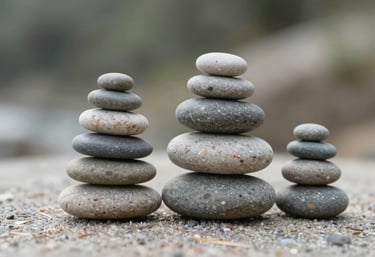 A series of smooth stones stacked in a perfect balance, symbolizing the automation of habits and the steady accumulation of results. Calm and professional aesthetic.