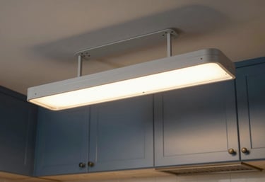 A detailed shot of modern, energy-efficient LED lighting fixtures being installed in a North American / US kitchen. The light is warm and inviting, contrasted with muted steel blue cabinetry.