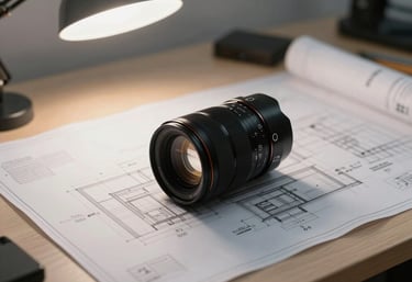 A photo of a drafting table with blueprints and architectural sketches, lit by a bright lamp. The composition is clean and technical.