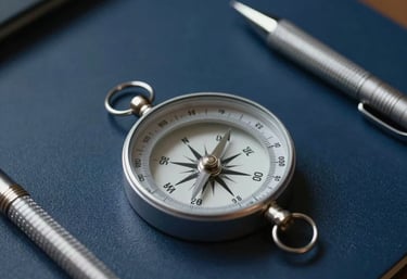 A close-up of a silver compass and professional writing tools on a dark blue surface. The lighting is focused and dramatic, suggesting precision and direction.