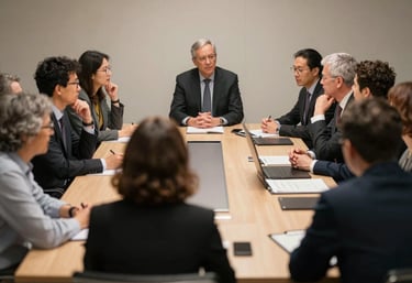 A professional photograph of a group of academics in a formal discussion around a large conference table. No casual elements; everyone is in professional attire. Soft, authoritative lighting.