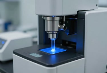 Close-up photography of a high-tech automated laboratory analyzer. The focus is on the precision components and glowing medium blue indicator lights in a sterile North American lab environment.