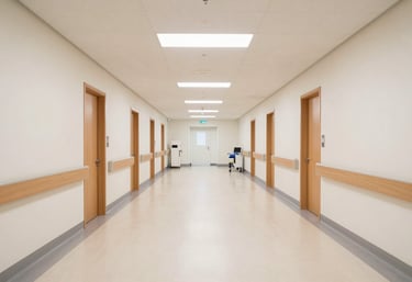 A clean, minimalist view of a modern North American hospital wing. Bright, soft lighting, wide perspective, conveying a sense of order and medical trustworthiness.