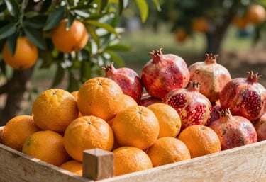 A vibrant photograph of fresh Egyptian citrus and pomegranates in wooden crates on a sunny farm, rich green and orange tones, professional depth of field.