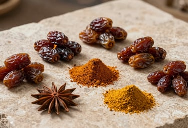 A clean, high-end photograph of various Egyptian spices and dried dates arranged neatly on a stone surface, natural lighting, professional food photography.