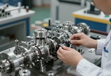 High-tech factory floor with robotic arms assembling machinery under bright industrial lighting.