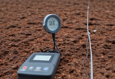 Close-up of soil sensors measuring moisture levels in a vibrant green field.