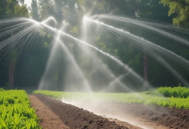 Farm worker adjusting irrigation equipment in a lush agricultural field.