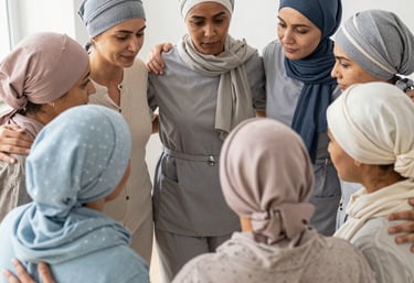 A warm group hug among children and adults illustrating support and courage.