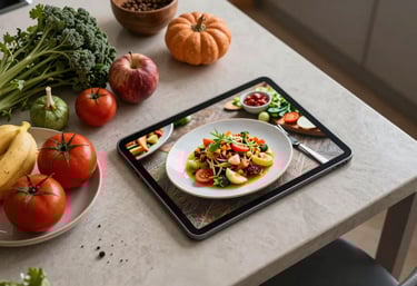 A top-down professional photograph of a modern Brazilian kitchen table with fresh organic ingredients and a digital tablet showing a vibrant culinary course.