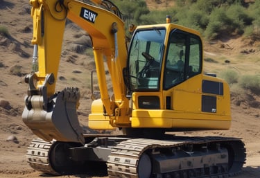 A powerful excavator working on a construction site under a clear sky.