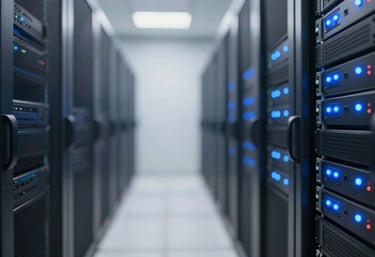 A clean, bright shot of a server room with blue LED indicators, reflecting a highly professional and secure management system environment.