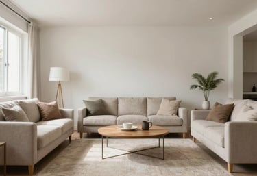 An interior photograph of a bright, minimalist North American living room, conveying a sense of peace, stability, and a successful future.