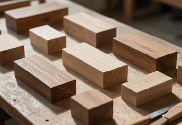 A collection of hand-carved blocks in various stages of completion, lying on a sun-drenched workbench.