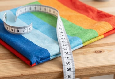 A white measuring tape lies across a folded rainbow pride flag on a wooden table.