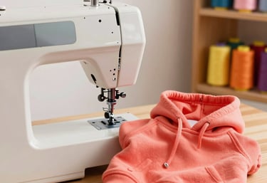 A modern white electric sewing machine sitting next to a peach hoodie on a wooden table.