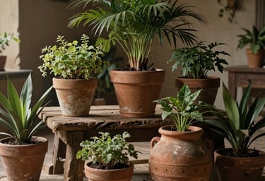 Close-up of authentic 18th-century plant set design with delicate foliage and natural textures.