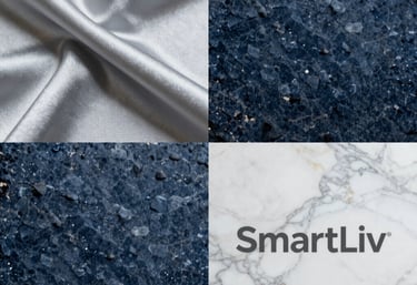 A collage showing different material textures: light silver fabric, midnight blue stone, and white marble, representing the premium materials used by SmartLiv.