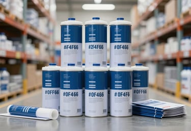 A stack of high-quality industrial adhesive canisters and packaging materials in a modern, clean warehouse setting. Colors: #2F4F6F and #F0F4F8.