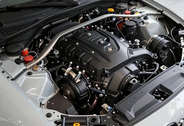 High-angle shot of a perfectly clean and degreased engine bay in a performance vehicle, showroom quality, professional detailing result.