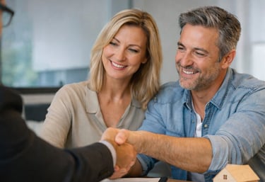 Un couple souriant, serre la main d’un agent immobilier après avoir signé une hypothèque